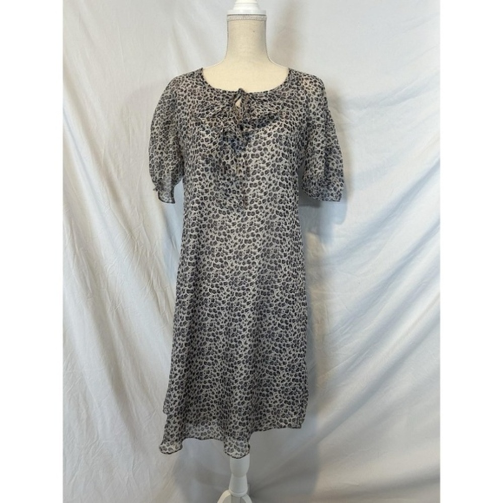 Sundance Silk Leopard Print Dress Womens Gray Ruffle Tie Neck Shift Small